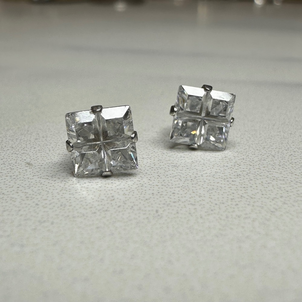Square Cubic Zirconia Stud Earrings Shiny‎ Sterling Silver Princess Cut